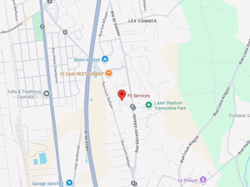 Plan d'accès FE Services et Laser Stadium Trampoline Park Carte Google Maps de FE Services, Laser Stadium et commerces sur la Rue Salvador Allende et la Rue Louis Saillant.