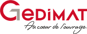 Logo Gedimat : Spécialiste des Matériaux de Construction Logo Gedimat rouge et gris avec le slogan Au cœur de l'ouvrage, expert en matériaux de construction.