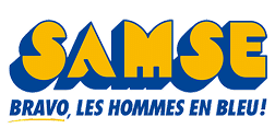 Logo SAMSE : Bravo, les hommes en bleu ! Expert BTP Logo SAMSE en lettres 3D jaunes et bleues avec le slogan Bravo, les hommes en bleu !