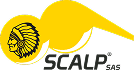 Logo SCALP SAS : Identité visuelle avec chef amérindien Logo jaune de la marque SCALP SAS avec un portrait de chef amérindien coiffé de plumes.