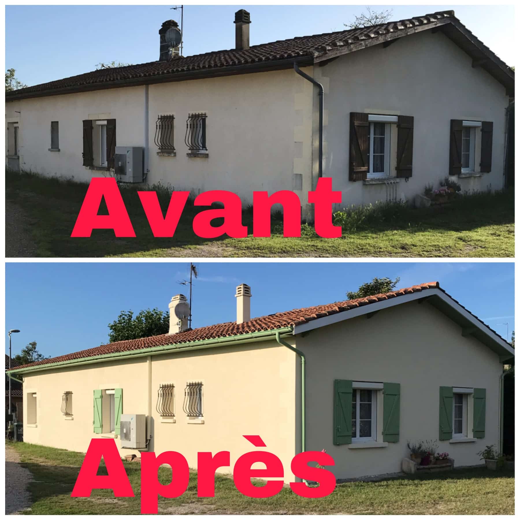Rénovation Façade Maison : Avant Après Peinture et Volets Rénovation de façade d'une maison avant et après : murs crème, volets vert sauge et toiture nettoyée.